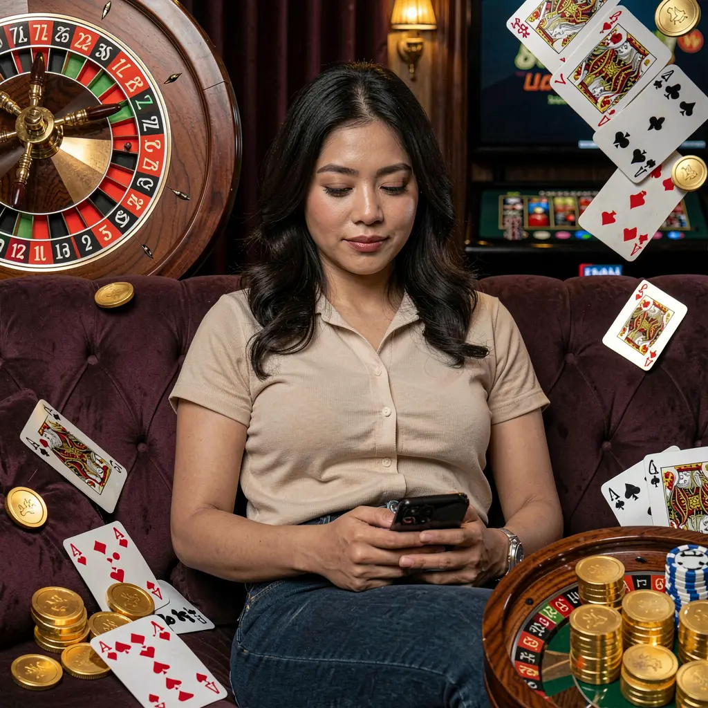 Confident Filipino woman relaxing on a modern sofa while using the OMEGAJL casino app with glowing roulette wheels playing cards and gold coins around her