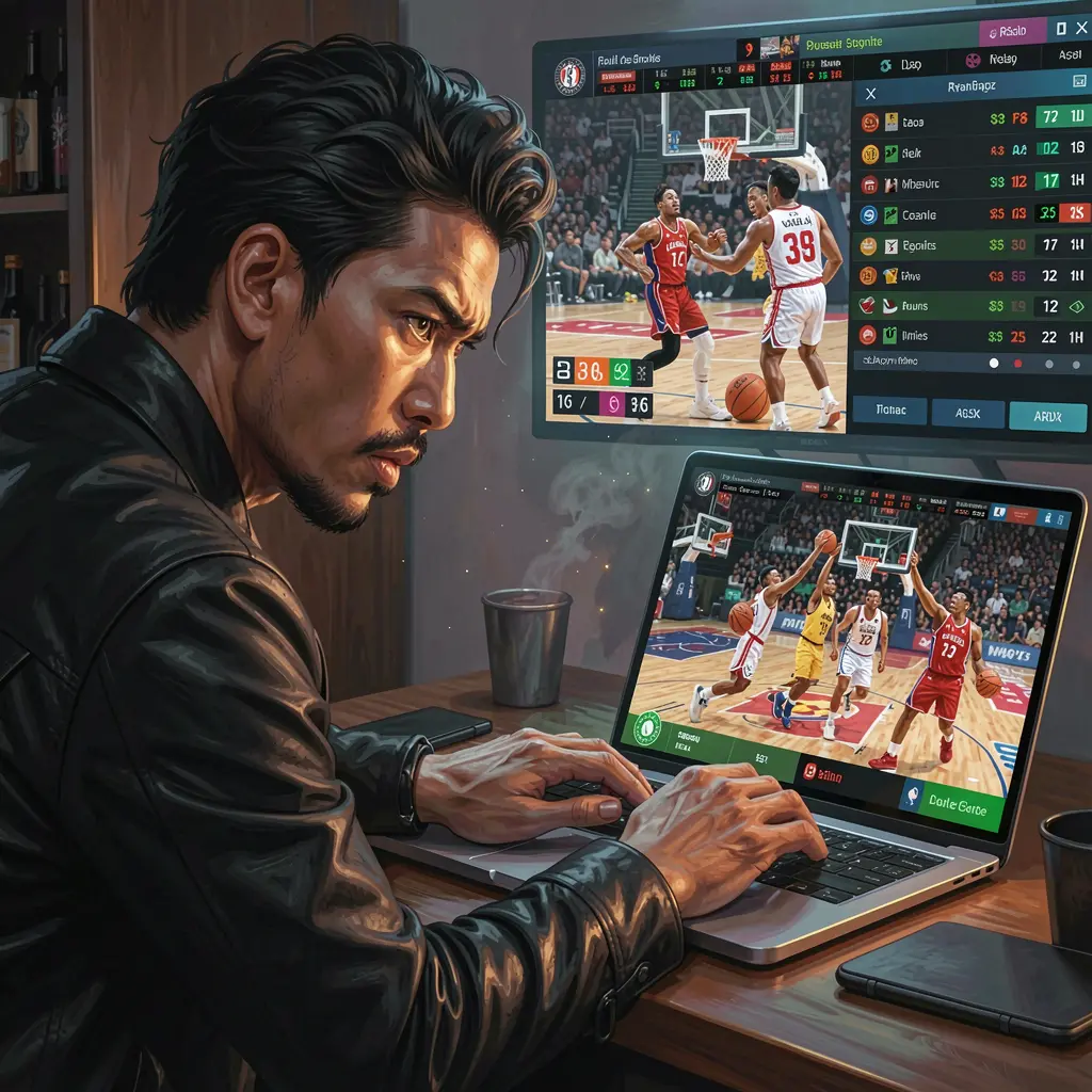 Focused Filipino sports bettor placing live basketball wagers on a laptop with the OMEGAJL betting interface while watching an intense match