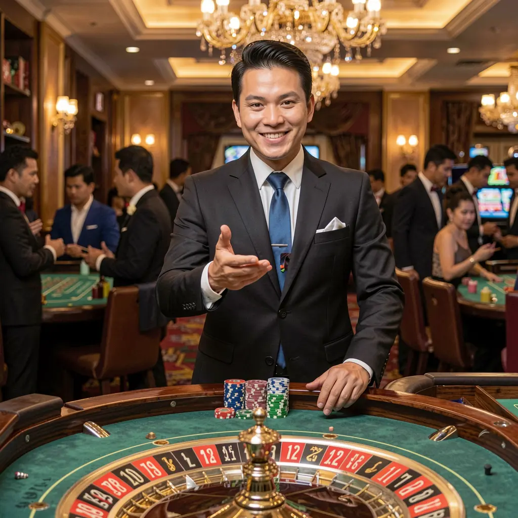 Professional live casino dealer in a stylish suit welcoming players at a roulette table inside the luxurious OMEGAJL casino environment for the Philippines