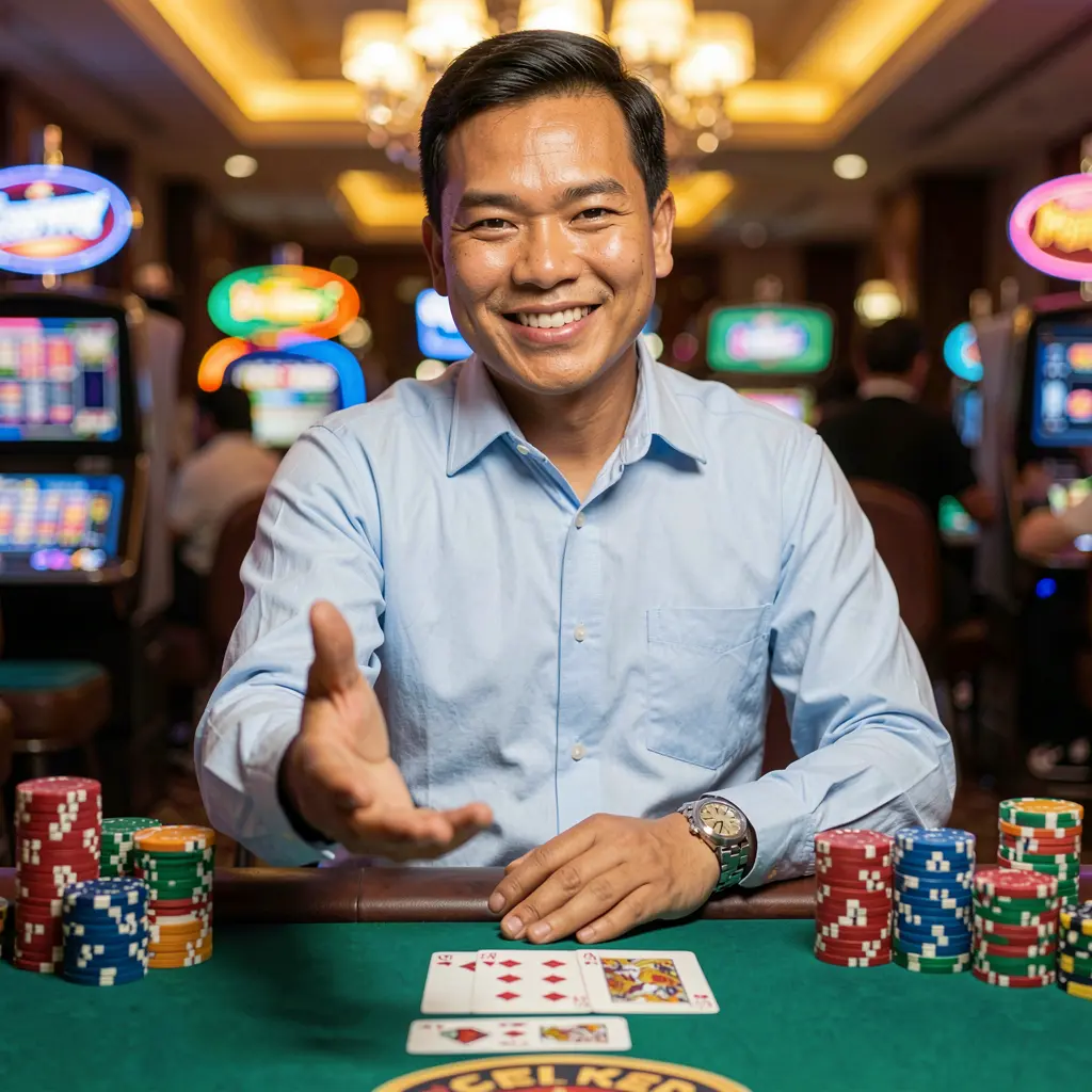 Friendly Filipino casino dealer reaching out with a welcoming gesture surrounded by glowing chips representing trusted OMEGAJL casino login in the Philippines