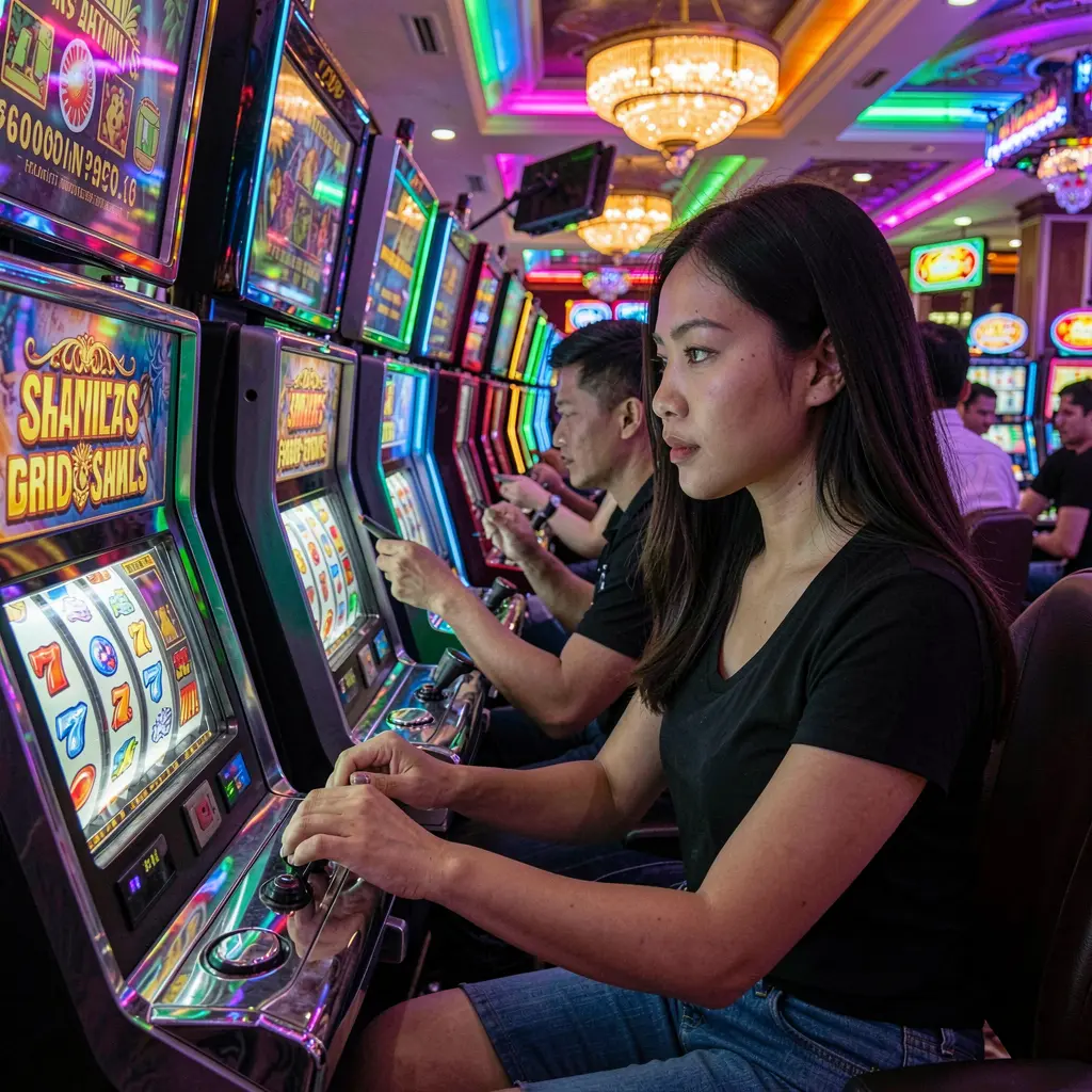 Attractive Filipino player enjoying modern slot machines in a lively casino setting with bright lights and immersive gameplay on OMEGAJL Philippines
